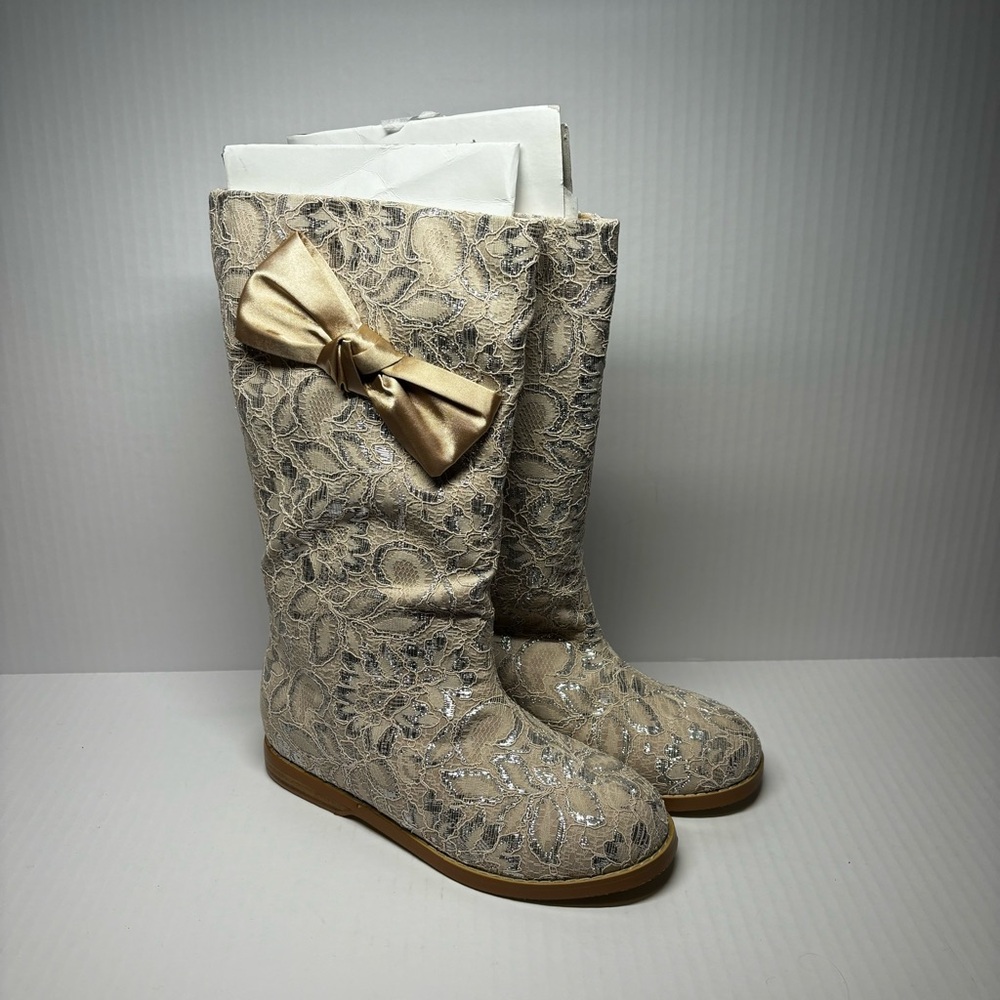 NWT Joan Boyce - Gold Lace Bow Knee-High Women’s Boots